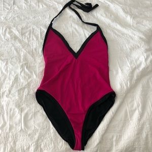 Pink and black halter one piece bathing suit